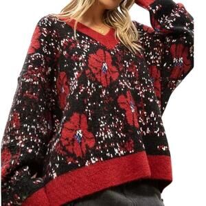 POL Oversized Knit Sweater | Floral Embroidery, Balloon Sleeves, Black, NWOT, L